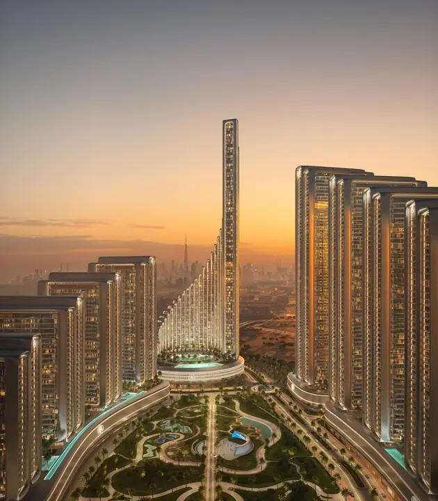 The signature tower at sunset